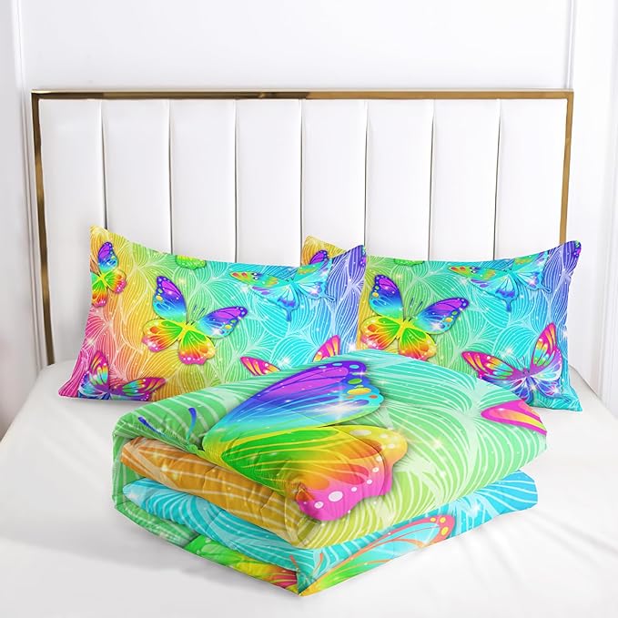 Rainbow Butterfly Full Size Comforter Set for Girls, Colorful Quilt Set Room Decor, 1 Comforter and 2 Pillowcases