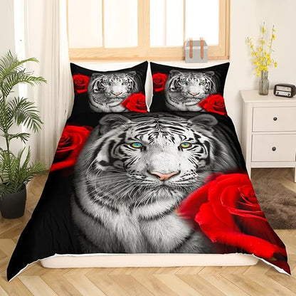 Castle Fairy White Tiger Duvet Cover Boys Girls, Red Rose Flower Africa Big Cat Comforter Cover Set Animal Themed Bedroom Decor 3 Pieces with 2 Pillowcase, Queen Size,No Comforter