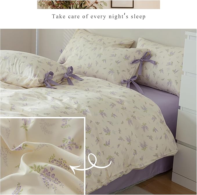 AOJIM Purple Floral Bedding Duvet Cover Full Size, Soft Cotton Comforter Cover Set 3pcs for Kids Adults, 1 Skin-friendly Duvet Cover 80x90'' with Zipper Closure and 2 Pillowcases with Bowknot,No Quilt