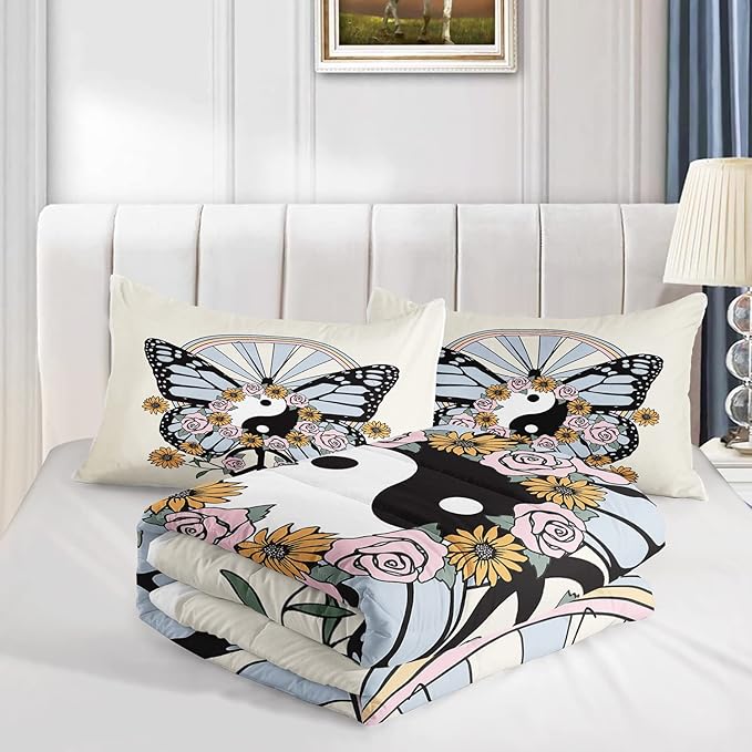 CVHOUSE Butterfly Bedding Set,Butterfly Comforter Full,Butterfly Comforter Set for Girls Kids Teens,Butterflies Quilt Set with 1 Comforter and 2 Pillow Cases- 3 Piece