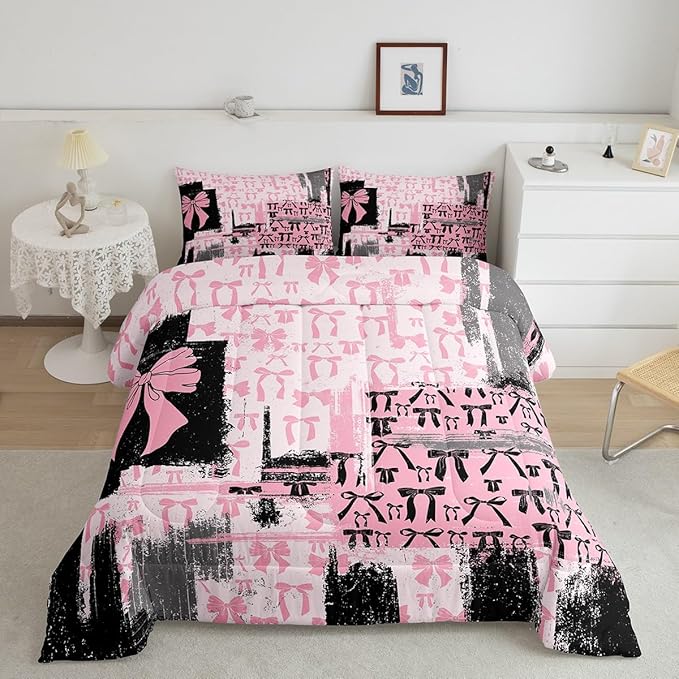 Feelyou Pink Grey Black Comforter Toddler Size Bowknot Comforter Set for Boys Girls Children Coquette Bows Bedding Set Room Decor Watercolor Bow Duvet Set 2Pcs
