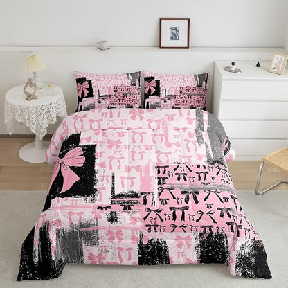Feelyou Pink Grey Black Comforter Full Size Bowknot Comforter Set for Boys Girls Children Coquette Bows Bedding Set Room Decor Watercolor Bow Duvet Set 3Pcs