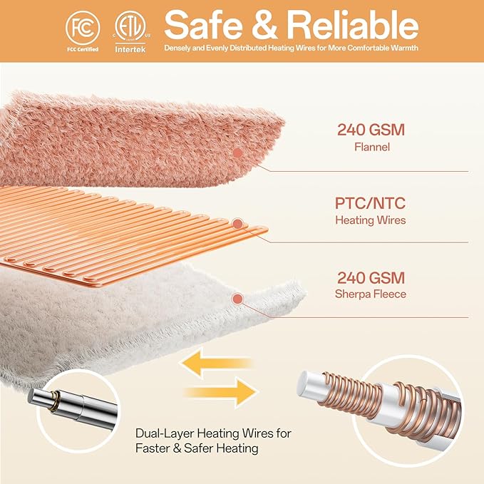 Full Size Electric Blanket Heated, Double-Sided Flannel＆Sherpa Heated Blanket with 8 Heat Levels & 10 Hours Auto Off, Fast Heating Blankets Machine Washable with ETL & FCC Certified, Pink