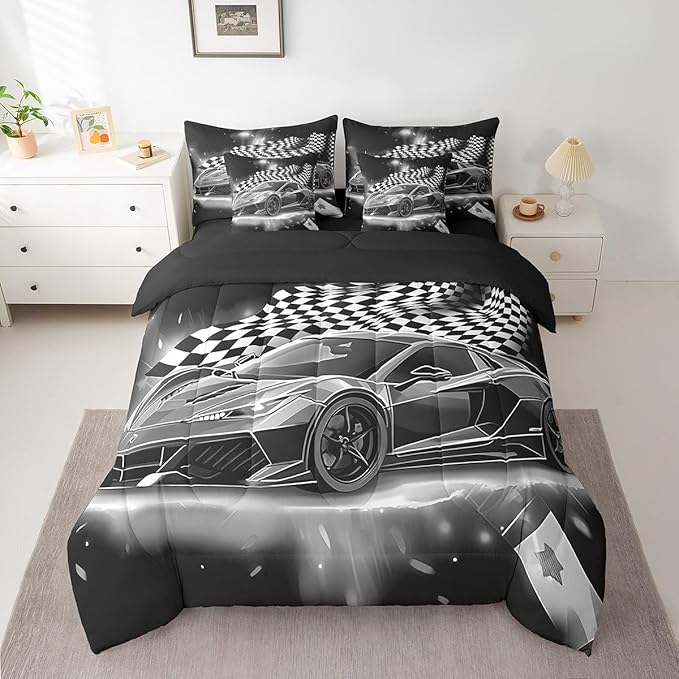 Feelyou Grey Racing Car 7 Piece Bedding Set Full Size Extreme Sport Comforter Set with Sheets for Kids Boys Girls Teens Toddler Fast and Furious Bed in a Bag Black White Flag Bed Set