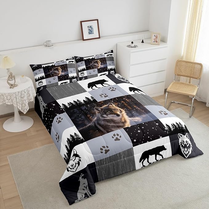 Feelyou Rustic Comforter Set King Size Woodland Wolf Comforter for Boys Girls Teens Wolf Paws Print Bedding Set Wild Adventure Teens Duvet Set Room Decor Pine Trees Quilt Set