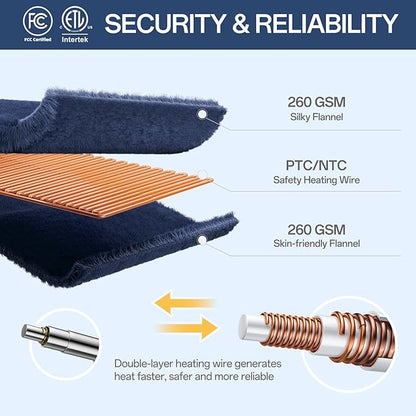 Electric Blanket King Size, Heated Blanket Soft Flannel Heating Blanket King Size with 10 Hours Auto Off, 8 Heating Levels, Machine Washable ETL Certification (Navy Blue, 90" x 100")