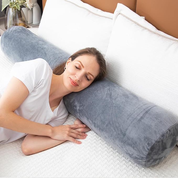 Body Pillow, Memory Foam Round Body Pillows for Adults, Firm Long Bolster Pillow for Bed, Cylinder Tube Roll Pillow with Velvet Cover, 47x7.87 Inches, Grey