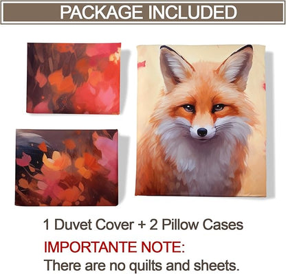 Fox Print Duvet Cover Oversized King Maple Jungle Red Fox Bedding Set Bedroom Decor Vintage Animal Floral Comforter Cover and 2 Pillow Sham with Zipper Closure