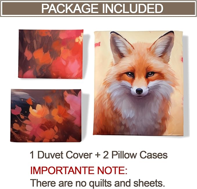 Fox Print Duvet Cover Twin Size, Maple Jungle Red Fox Bedding Set 2 Piece Kids and Adults Vintage Animal Floral Comforter Cover and 1 Pillow Sham with Zipper Closure