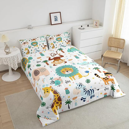 Feelyou Cartoon Jungle Animals Bedding Set Twin Size Kids Safari Zoo Animals Comforter Sets Lion Tiger Monkey Giraffe Quilt for Boys Girls Teens Child Toddler Bed Set 1 Comforter 1 Pillowcase