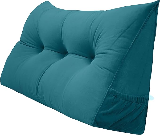 Triangular Reading Bed Rest Pillow Large Bolster Cushion Headboard Backrest Wedge Pillow with Removable Cover and Two Large Side Pockets (Teal, Twin: 39 x 8 x 20 inches)