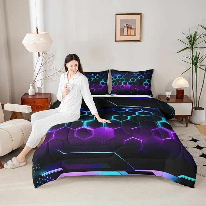 Fashion 3D Honeycomb Bedding Comforter Set Twin Size Neon Colorful Light Geometric Hexagon Comforter Set for Boys Teens Kids Bedroom Decor Video Racing Games Quilted Duvet Black Duvet Insert 2pcs