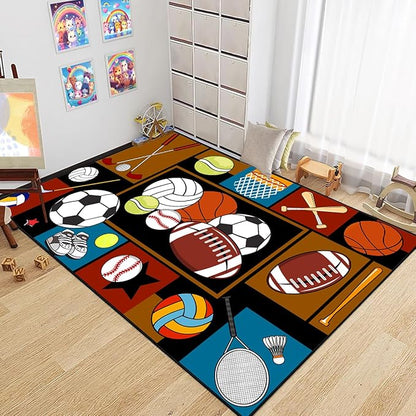 Sports Rugs for Boys Bedroom - Basketball Rug for Boys Bedroom Kids Carpet Sports Theme Basketball, Soccer, Baseball Carpet for Living Room Floor Mat Welcome Mat, 4.5x6 Feet