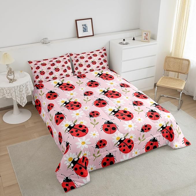 Cute Ladybug Comforter Set Full Size Cartoon Dasiy Flower Bedding Set Kids Boys Girls Wild Animal Theme All Season Quilt Set Green Botanical Leaves Bedding Comforter Sets,3Pcs