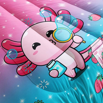 QOOMO Kawaii Axolotl Comforter,Pink Salamander Comforter Set for Kids Teens Girls,3Pcs Bedding Set Printed Comforter with 2 Pillowcases,Down Alternative,Soft and Lightweight(Pink，King Size)