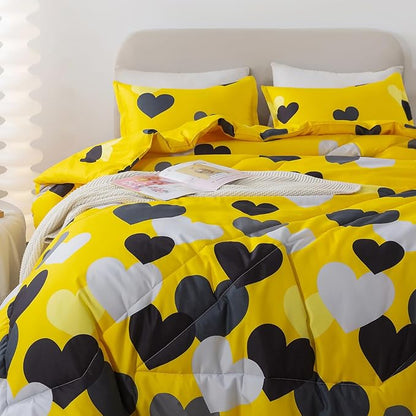 Caressma Farmhouse Yellow King Size Comforter Set 3 Pieces Bedding Set with Black Heart All Season Fluffy Soft Lightweight(1 Comforter & 2 Pillowshams)