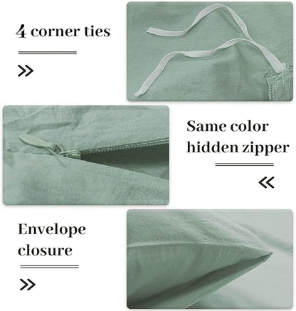 NEXHOME PRO Green Duvet Cover Set California King Linen Feel Textured Organic Natural 100% Washed Cotton Duvet Cover 3 Pieces Bedding Set with Zipper Closure, Breathable, Soft (No Comforter)