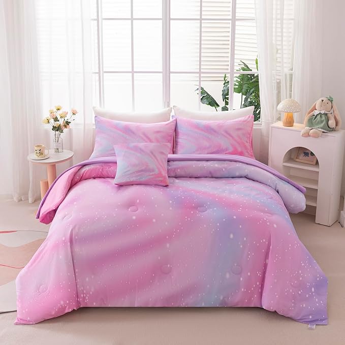 4Pcs Girls Comforter Sets Queen for Girls Kids, Gradient Colorful Rainbow Bedding Set Queen Bed in A Bag (1 Comforter, 1 Flat Sheet, 2 Pillowcases)