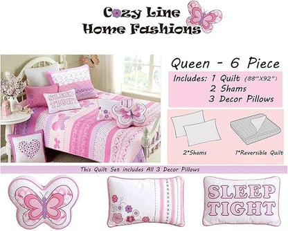 Cozy Line Home Fashions Cute Pink Butterfly Stripe Hearts 100% Cotton Soft Bedding Quilt Set, Coverlet, Bedspread (Queen - 6 Piece)