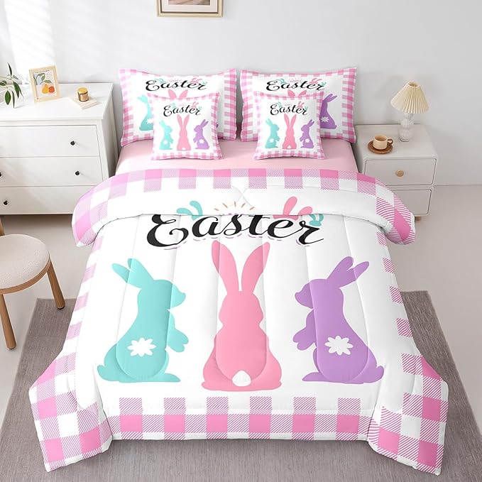 Feelyou Cute Easter Rabbit 7 Piece Bedding Set Full Size Pink Plaid Comforter Set with Sheets for Kids Bunny Print Bed in a Bag Spring Colorful Bed Set