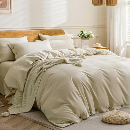 JELLYMONI Cotton Duvet Cover Full Size - Light Khaki Comforter Cover with Button 100% Washed Cotton 3PCS Breathable Soft Solid Bedding Set Duvet Cover 80×90in & 2 Pillowcases (NO Comforter)