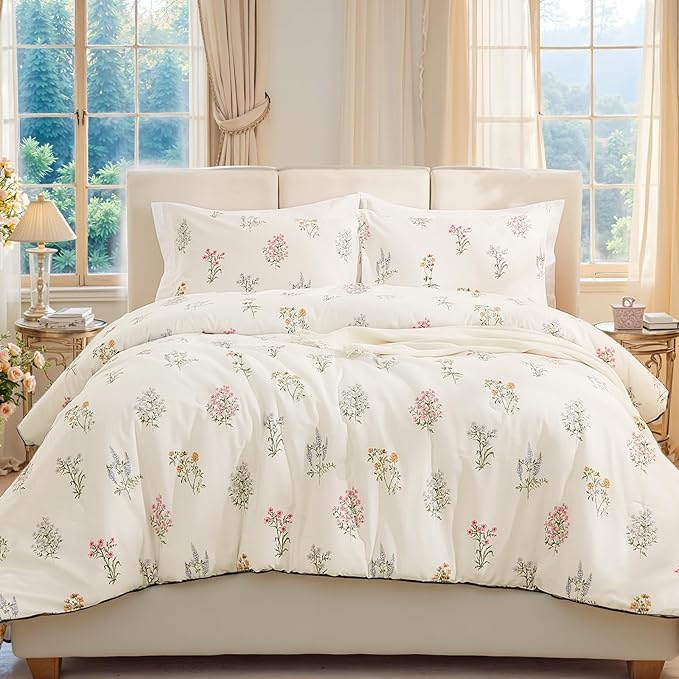 100% Washed Cotton Duvet Cover Twin Size - Linen Like Reversible Durable Soft Floral Duvet Cover Sets, 2 Pieces White Comforter Cover with Zipper Closure