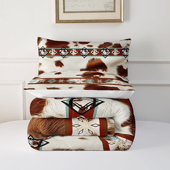 Boho Animal Fur Comforter Set 3 Pieces Twin Size, Mixed Coffee Brwon and White Long Hair for Boys Girls, 3 Pieces Warm Fuzzy Cozy Decorative Room with 2 Pillowcases All Seasons.