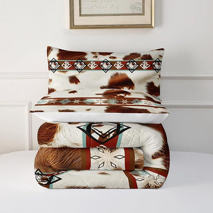 Boho Animal Fur Comforter Set 3 Pieces Twin Size, Mixed Coffee Brwon and White Long Hair for Boys Girls, 3 Pieces Warm Fuzzy Cozy Decorative Room with 2 Pillowcases All Seasons.