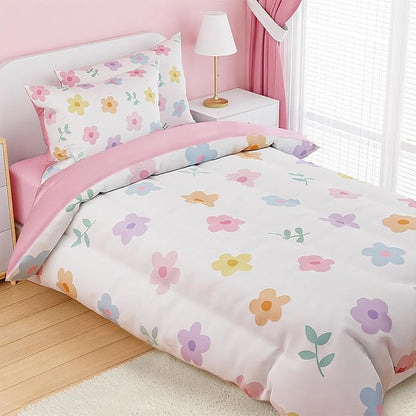 SANDJEST Floral Comforter Set Full Size 98x86in for Kids Girls, Microfiber 4 Pieces Bedding Set Includes 1 Comforter, 2 Pillowcases, 1 Fitted Sheet, Nursery Room Decor