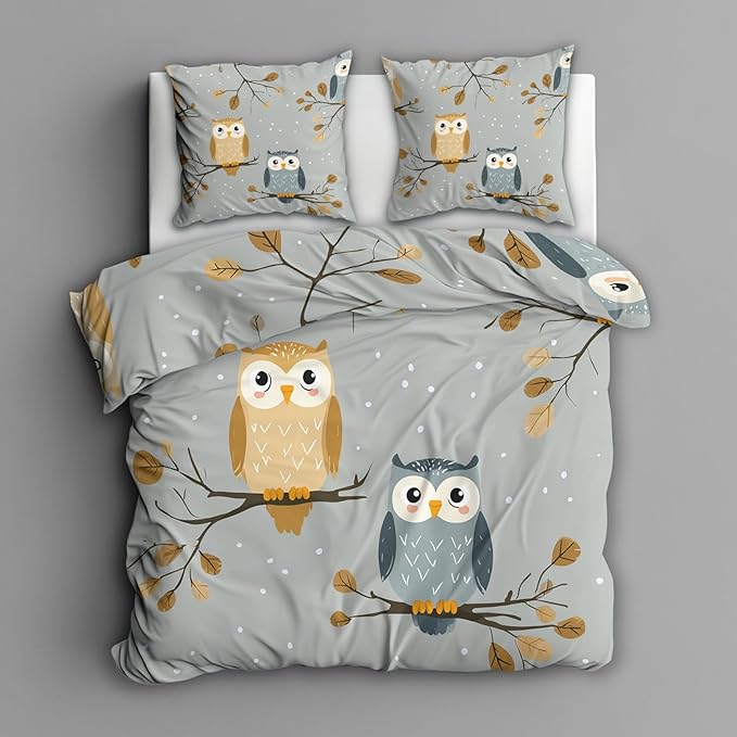 Owl Duvet Cover King Size, Kids Boys Girls Bedding Set 3 Pcs (2 Pillow Shams), Super Soft Microfiber Bedroom Decor, Zipper & Ties CSXQ1246