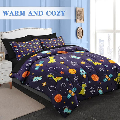 Comforter Set Twin Size, Space Astronaut Dinosaur 5 Pcs Bedding for Kids and Adults, Funny Galaxy Dino Planet Bed Sheet Sets with Fitted Sheet Pillowcase & Sham for Bedroom Bed Decor