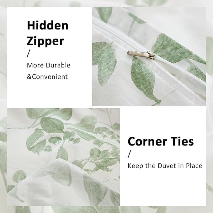 Floral Duvet Cover Queen Size 100% Cotton Reversible Green Floral Duvet Cover Set with Zipper Closure 3 Pcs Green Leaf Soft & Breathable Bedding Comforter Cover