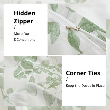 Floral Duvet Cover Queen Size 100% Cotton Reversible Green Floral Duvet Cover Set with Zipper Closure 3 Pcs Green Leaf Soft & Breathable Bedding Comforter Cover