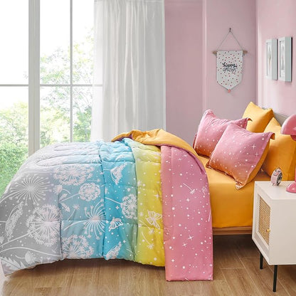 Menghomeus Girls Comforter Set King Size 7 Pieces Bed in A Bag Ombre Rainbow Bedding Set Dandelion Butterfly Print Kids Bedding Collections