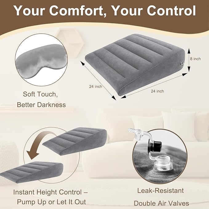 Inflatable Wedge Pillow for Sleeping - Inflatable Travel Pillow with Eye Mask for Head Shoulder,Back,Knee,Leg Elevation,Post-Surgery Support,Acid Reflux&Back Pain Relief,Snoring,Portable Wedge Cushion