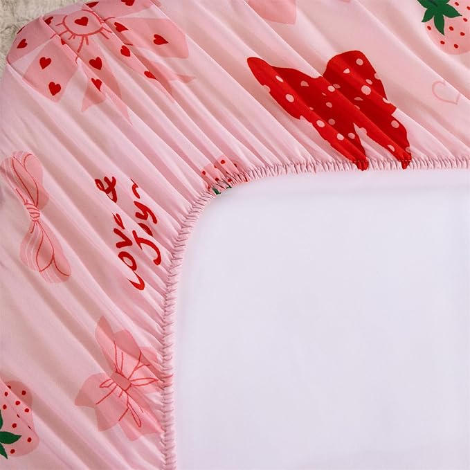 Holawakaka Kids Zipper Bedding Bow Comforter Set, Girls Women Twin Size Strawberry Bowknot Print Zippered Bed Sets, Child Cartoon Dorm Zip Bedding