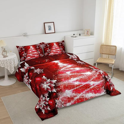 Feelyou Christmas Tree Comforter Set for Children Kids Boys Girls Luxury Chic Xmas Theme Bedding Set Glitter Snowflake Star Comforter Microfiber Red Duvet Set Room Decor Quilt Set Toddler Size