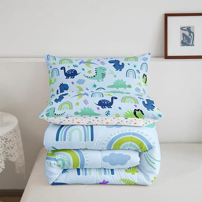 Feelyou Boys Dinosaur Toddler Bedding Sets Twin Size Girls Blue Green Dinosaurs Comforter Set Cute Cartoon Dino Rainbow Down Comforter Quilt Kids Room Decor Reversible Stars Bed Set for All Seasons