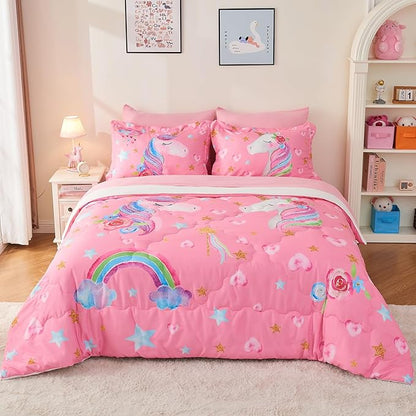 Wajade Pink Unicorn Comforter Set for Girls 7 Piece Cute Cartoon Bedding Set for Kids Queen Size as Birthday Gift with Comforter, Sheet Set, Pillowcase and Sham