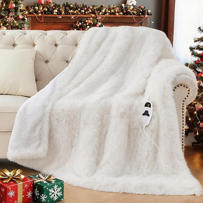 Heated Electric Blanket Twin–Faux Fur with Soft Thick Sherpa,Warm Winter Birthday Gifts for Women Grandma,10 Heat Settings,5 Time Settings with Fast Heating, 62x84, Snow Cloud