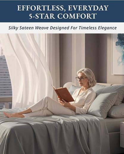 100% Egyptian Cotton Sheets King Size - Naturally Cooling & Breathable 4 Piece Silky Sateen Weave King Size Sheets Set, Ultra-Soft & Durable Hotel Luxury Sheets with 15" Snug Fit Deep Pockets - Silver