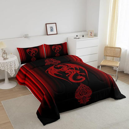 Feelyou Red Dragon Comforter Set Gradient Ombre Red Teens Women Bedding Set for Kids Boys Girls Vintage Boho Paisley Decor Comforter Exotic Trippy Quilt Set 3Pcs Queen Size