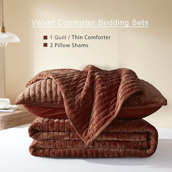 LEAONME Velvet Quilt King Size 98''x106'', Lightweight Burnt Orange Velvet Comforter Set with 2 Matching Shams, Soft Cross Stitch Bedspread Coverlet Bedding Set for All Season