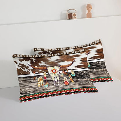 HOSIMA Western Bedding Longhorn Skull Comforter 3 Pieces,Western Highland Cowhide Print Bedding for Boys Teens Soft Microfiber Fluffy Comforter Full Size Farmhouse Style Room Decor Aesthetic.