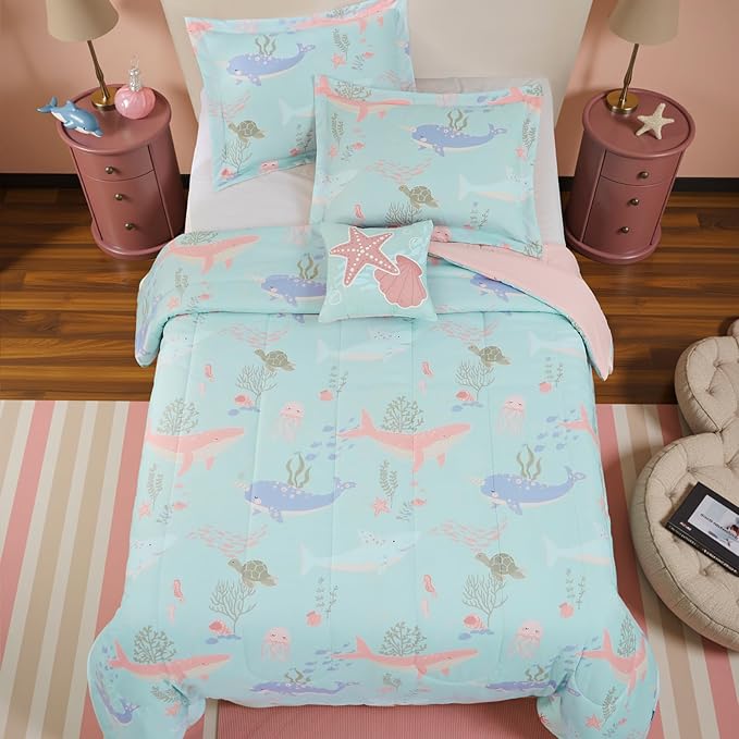 Glow in The Dark Kids Comforter Set Full Size for Girls, Ocean Animals Bedding Set 1 Comforter, 1 Decor Pillow, 2 Pillow Shams