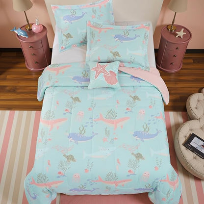 Glow in The Dark Kids Comforter Set Full Size for Girls, Ocean Animals Bedding Set 1 Comforter, 1 Decor Pillow, 2 Pillow Shams