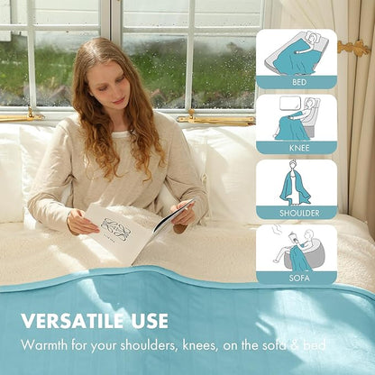 Electric Blanket Heated Throw 50" x 60" - Soft Flannel Sherpa Heating Blanket with 5 Heating Levels & 4 Hours Auto Off, Heated Lap Blanket as a Gift for Grandma, Machine Washable (Blue)