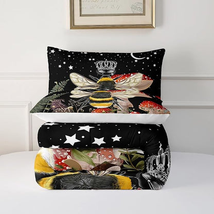 Black Bee Comforter Set Twin Size, 3Pcs Animal and Mushroom Moom Stars Bedding Set for Kids Adults with 2 Pillowcases for Bedroom All Season