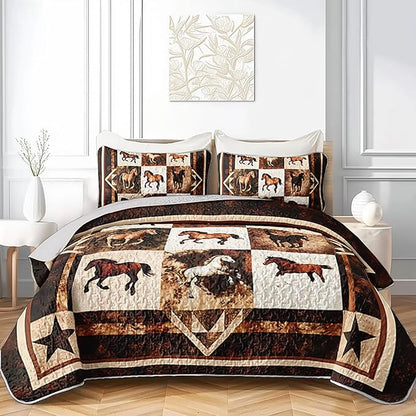 Western Brown Galloping Horse Quilt Bedding King 3Pcs Rustic Farmhouse Horse Bed Set Wild Animal Retro Grid Pattern Bedspread Coverlet with 2 Pillowcases for Kid Boy Girl Teen Adult Room Decor