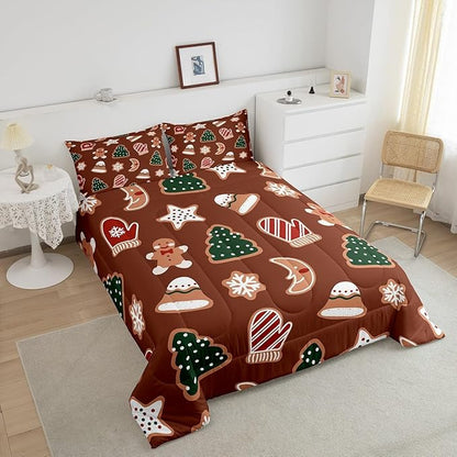 Erosebridal Merry Christmas Comforter Set for Kids Boys Girls,Cartoon Gingerbread Man Christmas Tree Bedding Queen,Cute Xmas Comforter Sets,Moon Snowflake Duvet Insert with 2 Pillowcases